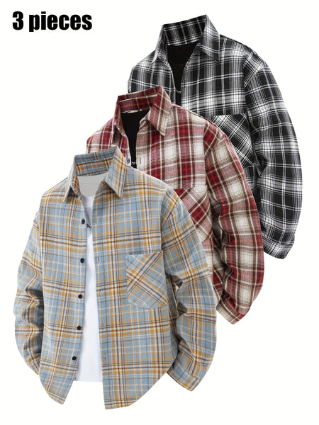 3pcs Set - Men'S Spring/Autumn Collared Checkered Shirt Youth Outdoor Casual Trendy Top Men'S Fashion Versatile Jacket