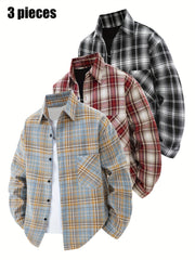 3pcs Set - Men'S Spring/Autumn Collared Checkered Shirt Youth Outdoor Casual Trendy Top Men'S Fashion Versatile Jacket