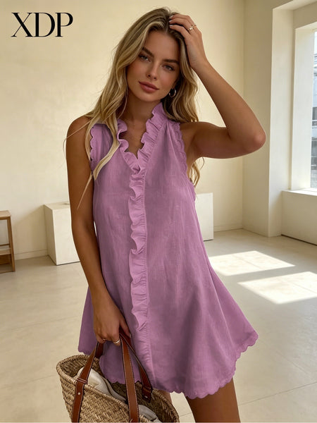 Women's Scalloped Edge Ruffle V-Neck Mini Dress, Casual Sleeveless Swing Dress for Daily