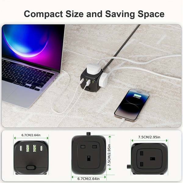 P34-UK HULKER Extension Lead with USB Slots 13A Power Strips 3 Way 4 USB Ports Surge Protector Smart Extension Lead UK Power Strips with 1.5m Bold Extension Cord 13A 3250W