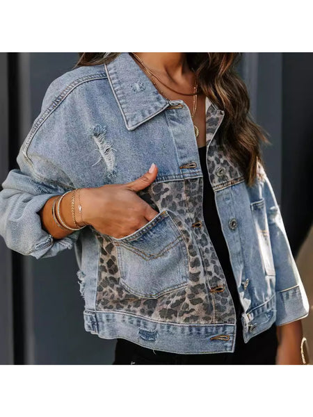 New Leopard Print Fashion Patchwork Torn Denim Top Casual Jacket, Casual Autumn Wear | Patchwork Denim Jacket | Glossy Fabric Finish