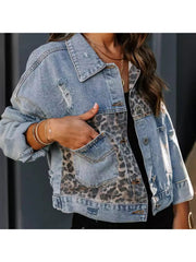 New Leopard Print Fashion Patchwork Torn Denim Top Casual Jacket, Casual Autumn Wear | Patchwork Denim Jacket | Glossy Fabric Finish