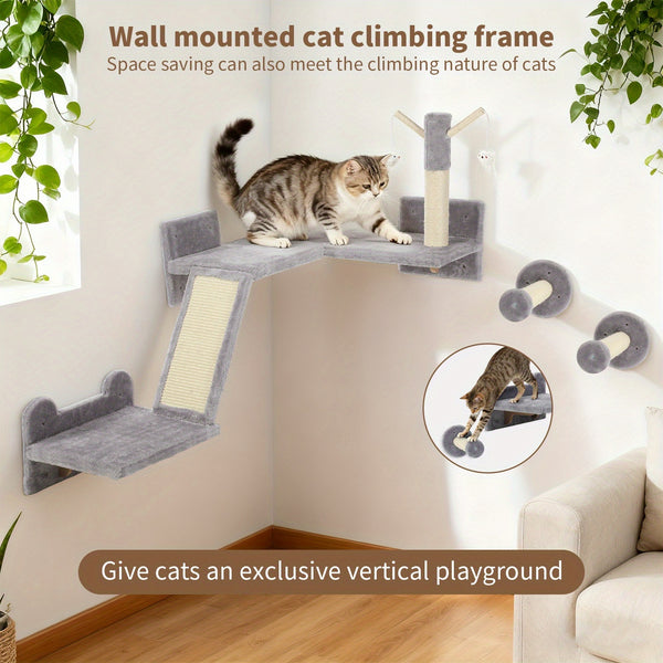 Pet Wall Furniture, 3pcs Cat Shelves with Scratching Posts, Scratching Pads, Perches, Cat Wands, Toy Balls, Corner Design Cat Wall Shelves for Indoor Cats, Kittens, Light Grey