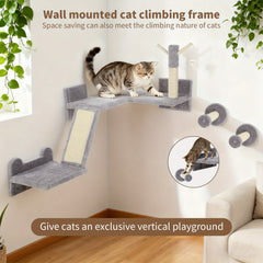 Pet Wall Furniture, 3pcs Cat Shelves with Scratching Posts, Scratching Pads, Perches, Cat Wands, Toy Balls, Corner Design Cat Wall Shelves for Indoor Cats, Kittens, Light Grey