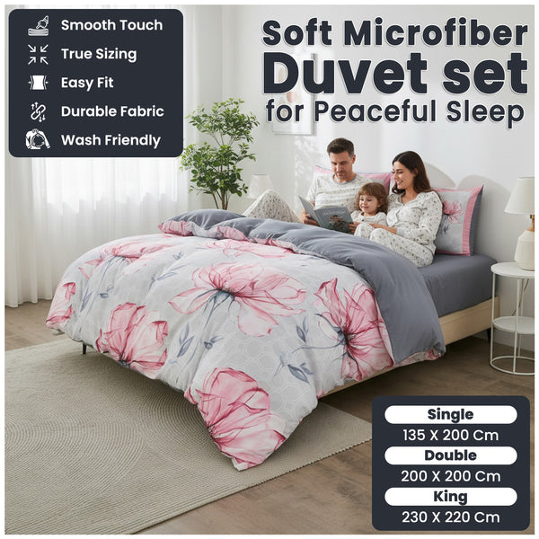 Flower Pattern Duvet Cover | Microfiber Soft Lightweight Bedding Set with Pillowcases | Breathable Quilt Cover for Single, Double King Beds, Wrinkle & Fade Resistant | Machine Wash | Local Warehouse | UK Brand