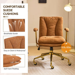 Office Chair Desk Chair with Wheels & Removable Armrests Gold Base Vanity Chair with Back Adjustable Rolling Swivel Computer Task Chair PU Leather