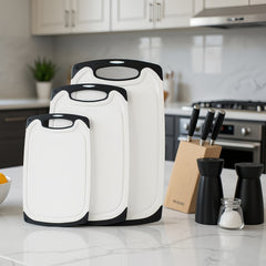 3pcs Large Plastic Cutting Board Set with Non-Slip Base & Ergonomic Handle - Dishwasher Safe, Heavy-Duty Kitchen Chopping Boards with Rounded Edges, & Design, Space-Saving Stackable for Meat, Vegetables, Cheese - Durable & Easy to Clean (No Batterie