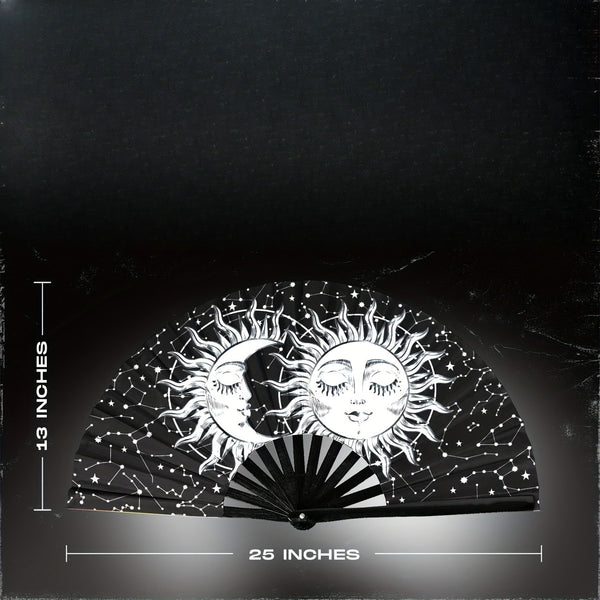 Large Black Folding Fan with Artistic Sun & Moon Design - Durable Plastic, Portable for Music Festivals, Weddings, Parties, Dance Performances & Home Decor