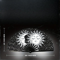 Large Black Folding Fan with Artistic Sun & Moon Design - Durable Plastic, Portable for Music Festivals, Weddings, Parties, Dance Performances & Home Decor