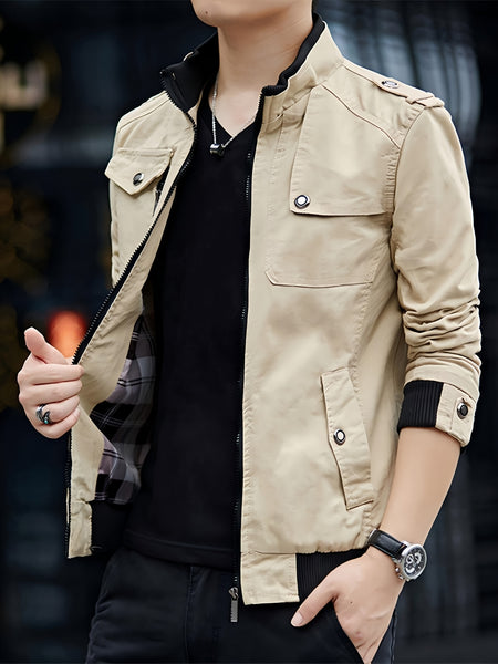 Men'S Solid Color Plaid Lining Cargo Jacket Autumn And Winter Multi-Pocket Design Stylish Long Sleeve Stand Collar Street Jacket Outdoor Coat Locomotive Jacket