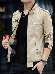 Men'S Solid Color Plaid Lining Cargo Jacket Autumn And Winter Multi-Pocket Design Stylish Long Sleeve Stand Collar Street Jacket Outdoor Coat Locomotive Jacket