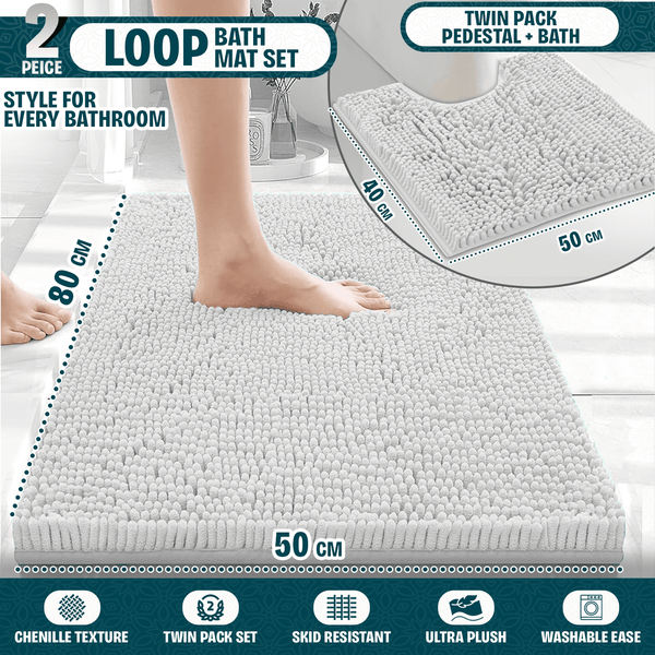 2-Piece Loop Bathroom Mat Set | Soft Chenille Microfiber Rugs with Non-Slip Backing | Machine Washable | Includes 50x80cm Bath Mat & 50x40cm Pedestal Mat | Stylish, Comfy & Durable | UK STOCK | LOCAL WAREHOUSE