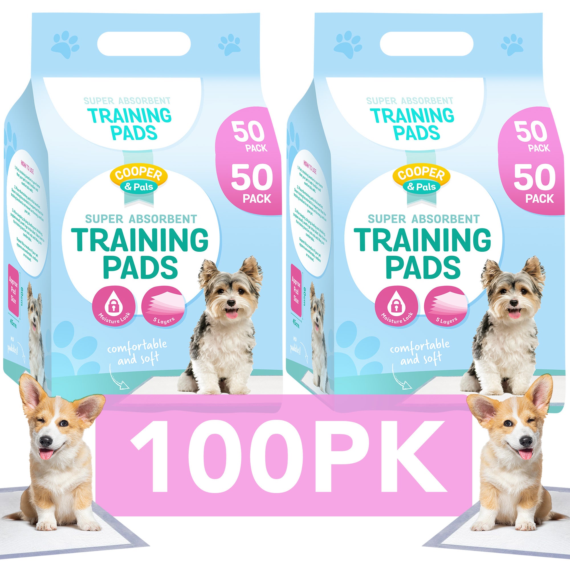 100 Puppy Training Pads for Dogs | Large 60x45cm Dog Pee Pads with Leak-Proof Backing & Odour Control | Super Absorbent Puppy Toilet Training Mats | Bulk Disposable Dog Wee Pads for Housebreaking & Travel