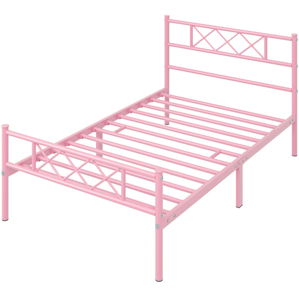 Costoffs Bed Frame, Simple Metal Bed Frame, Metal-Framed Bed Base with Storage, Bed Foundation for Small Space, Easy Assembly Bed Foundation with Cross-design Headboard and Footboard for Bedrooms, Single/Double/king, Black/White/Pink