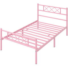 Costoffs Bed Frame, Simple Metal Bed Frame, Metal-Framed Bed Base with Storage, Bed Foundation for Small Space, Easy Assembly Bed Foundation with Cross-design Headboard and Footboard for Bedrooms, Single/Double/king, Black/White/Pink