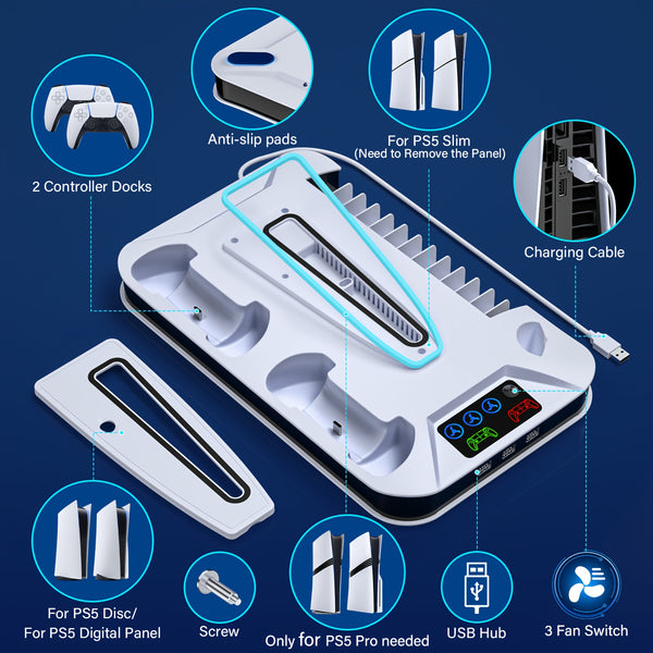 For Ps5/Slim/Pro Cooling Station Stand with Dual Controller Charging Station for Playstation 5 Console, for PS5 Additions Incl. Controller Charger, Cooling Fan, Headset Holder, 3 USB Hub