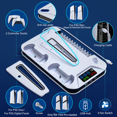 For Ps5/Slim/Pro Cooling Station Stand with Dual Controller Charging Station for Playstation 5 Console, for PS5 Additions Incl. Controller Charger, Cooling Fan, Headset Holder, 3 USB Hub