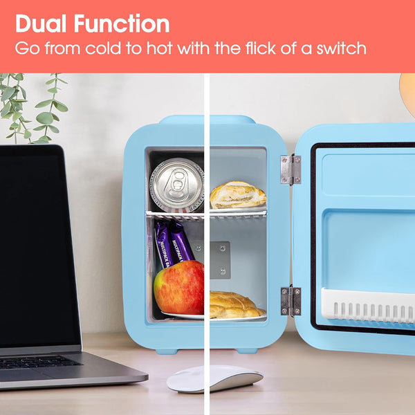 Abode Blue Mini Fridge A4CLR201BL 4L/6 Can Portable Thermoelectric Mini Cooler & Warmer for Drinks, Cosmetics/Makeup/Skincare, AC/DC Power, Retro Style, for Bedroom, Home, Caravan, Car