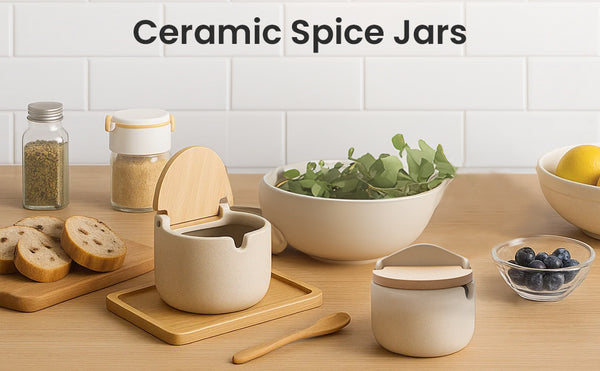2-Piece Japanese Style Ceramic Spice Jars Set with Bamboo & Wood Lids – Kitchen Storage Containers for Salt, Sugar, Coffee & Tea | Airtight & Stylish Pantry Organisers for Home & Restaurants