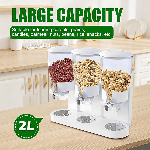 Triple Food Dispenser 3x 2L Cereal Container Countertop Dry Food Dispenser for Nuts Granola Cereal