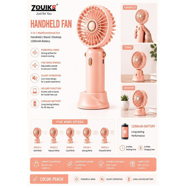 Rechargeable Handheld Fan Portable Mini USB Cooling Fan 5 Speed Silent Desktop Fan