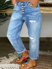 Women's Casual Ripped Hole Straight-barrel Multi-button Pants