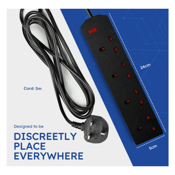 DESIRETECH Black Electric Extension Lead - 4 Gang with UK Plug & 3 Pin Socket - Wall Mountable & Multi Socket Mains Strip for Home, Bedroom, Kitchen, & Office (1 Pack)