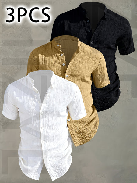 [Pearson OBM] 3pcs Men'S Summer Short Sleeve Shirt - Lightweight Breathable Solid Color Button-Up Casual Shirt with Stand Collar, Machine Washable for Beach Vacation, Pool Party And Casual Attire, Beach Shirt, Perfect for Gifting