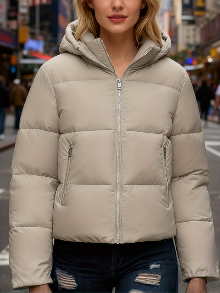Fitted Detachable Hooded Puffer Jacket, Women Winter Basic Warm Coat with Removable Hood Zip Deep Pockets