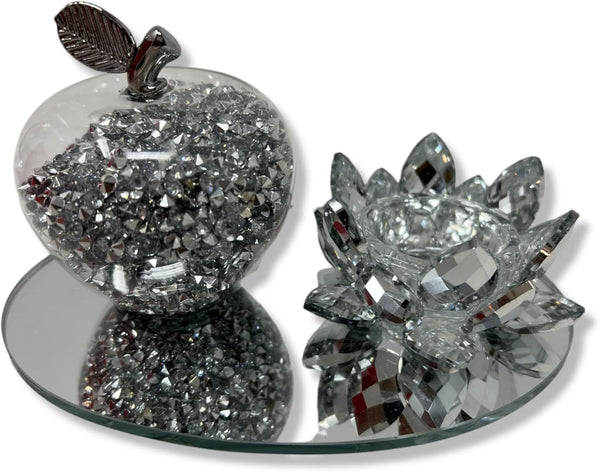 Amazing Gift Silver Sparkle Glass Ornament Bling Crushed Diamond Crystal Filled Apple Shape Tealight Candle Holder
