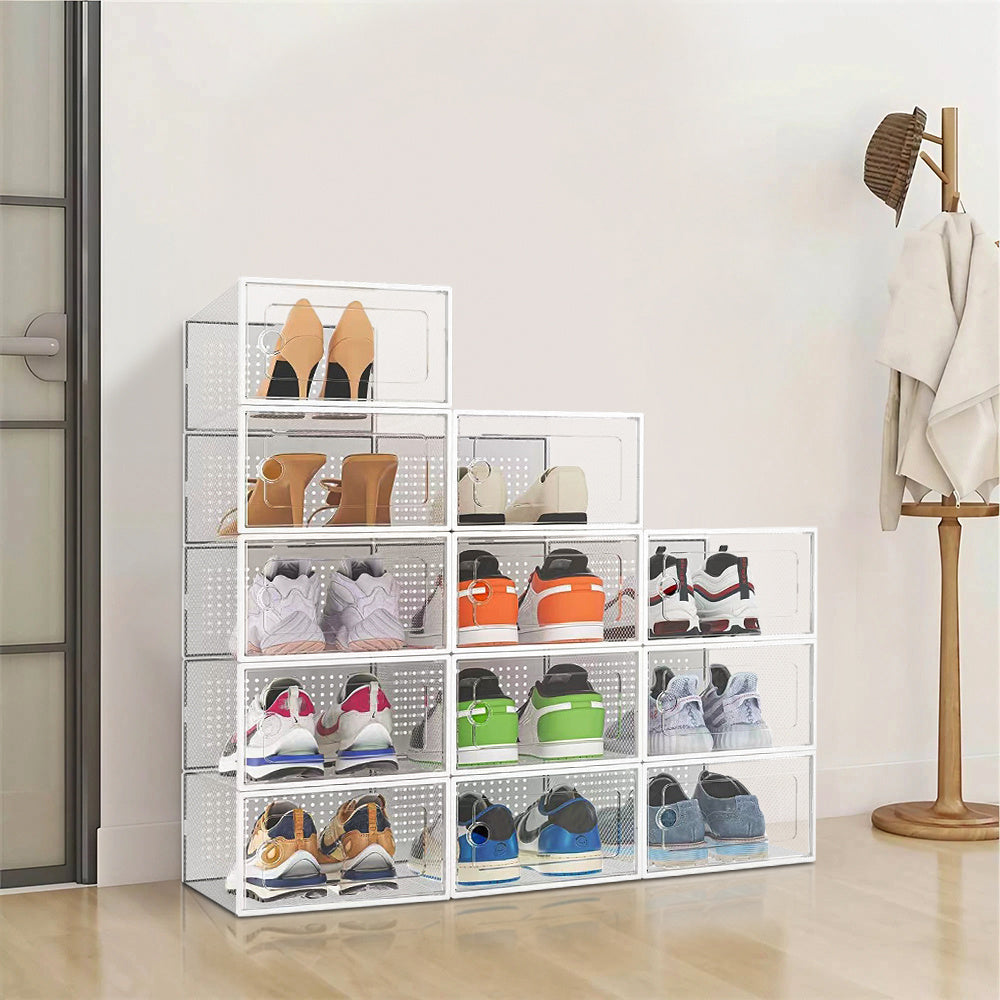 Pack of 12 Stackable Shoe Boxes Shoe Storage Organisers, Sturdy & Durable, Space Saving, Shoe Organizer Containers with Lids for Women/Men, Ideal for Entryway, Closet, Living Room, Bedroom, Office, Dorm, Fit Up To UK Size 9.5, 23x33x14cm