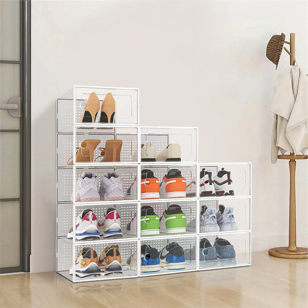 Pack of 12 Stackable Shoe Boxes Shoe Storage Organisers, Sturdy & Durable, Space Saving, Shoe Organizer Containers with Lids for Women/Men, Ideal for Entryway, Closet, Living Room, Bedroom, Office, Dorm, Fit Up To UK Size 9.5, 23x33x14cm