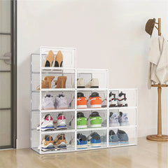 Pack of 12 Stackable Shoe Boxes Shoe Storage Organisers, Sturdy & Durable, Space Saving, Shoe Organizer Containers with Lids for Women/Men, Ideal for Entryway, Closet, Living Room, Bedroom, Office, Dorm, Fit Up To UK Size 9.5, 23x33x14cm