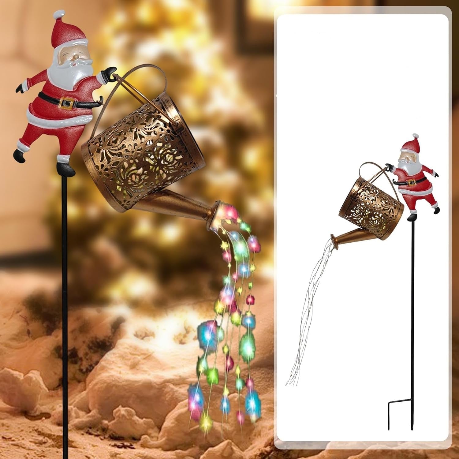 Christmas Santa Solar Kettle Lights Garden Lawn Christmas Lights Solar Santa Claus Watering Can with LED Light Kettle Ground Lamp for outside Patio Yard Christmas Gardening Gifts (Colorful Lights)