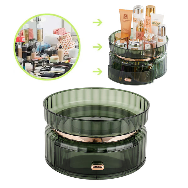 Skincare Exclusive Emerald Rotating Storage Box 25*14cm, 360° Desktop Rotating Storage Rack, with Drawer Large Capacity Cosmetic Organizer, Storage Box Suitable for Vanity Dresser Bathroom
