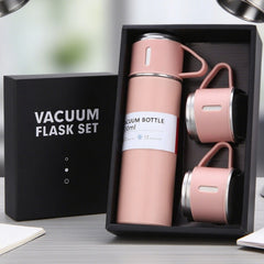 1 Set 500ml/16.9oz Stainless Steel Vacuum Insulated Bottle with 3 Cups Food-Contact Safe, Hot & Cold Insulation, Portable Leak-Proof Design – Perfect for Daily Use, Office, Travel & Ideal Gift for Her