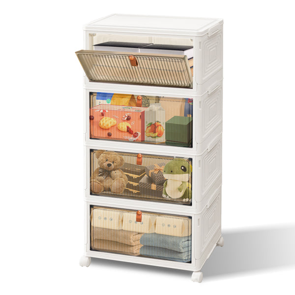 3 4 5 Tier Folding Storage Box, Plastic Collapsible Storage Box with Wheels, Stackable Storage Boxes with Lids and Front Opening Door Stackable Storage Boxes with Lids, 4 Wheels, Sturdy PP Matterial, Foldable Plastic Storage Unit for Toys/Office Supplies/