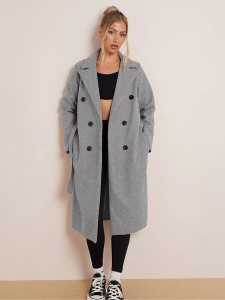 Women's Classy Solid Color Double Breasted Detachable Belted Pocket Pea Coat, Lapel Neck Long Sleeve Outerwear for Fall & Winter
