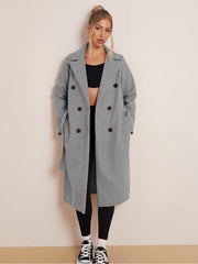 Women's Classy Solid Color Double Breasted Detachable Belted Pocket Pea Coat, Lapel Neck Long Sleeve Outerwear for Fall & Winter