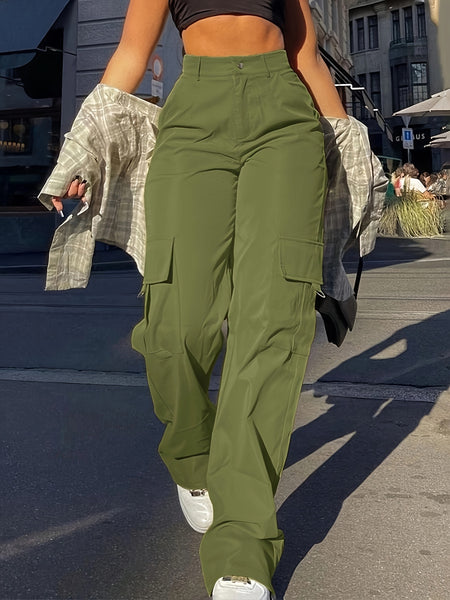 Flap Pocket Solid Color Cargo Pants, Y2K Slant Pocket Button Front Every Day Pants, Women's Clothing