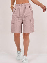 1pc Women' Elastic Waist Drawstring Cargo Shorts with Button Flap Pockets - Knee-Length Bermuda Utility Shorts Suitable for, Camping, Casual Wear, Machine Washable Multi- Shorts for Outdoor & Daily Outfits