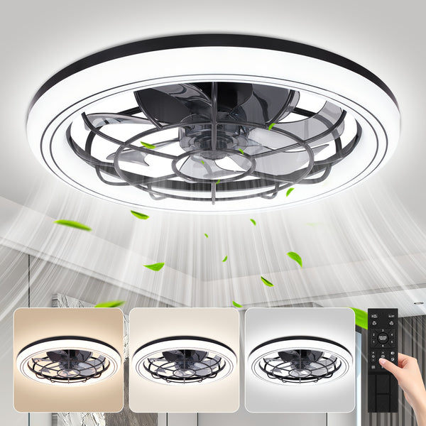 Modern 3-Color Temperature LED Ceiling Fan with Remote Control - Quiet Invisible Fan & Light, Semi-Flush Mount for Living Room, Bedroom, Dining Room - Energy Efficient Home Lighting, Bedroom Air Circulation, Sleek Light Fixture, Durable Plastic