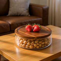 Glass Fruit Bowl with Wooden Lid, Decorative Serving Bowl with Acacia Tray Cover – Large Clear Storage Bowl for Fruit, Snacks, Sweets, Salad or Table Display