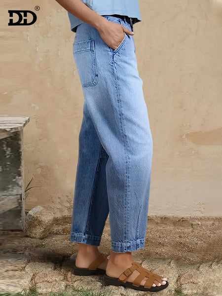 DD Women's 2026 New Stretchy Loose Cropped Jeans, Washed Blue Barrel Denim Trousers, Street Style Ladies' Outfit, Mid-waisted Pantalones with Pockets, 4 Seasons Weared Tummy Control Mom Pants Wide Leg Boyfriend Casual Pants for Travel Work and Office