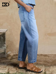 DD Women's 2026 New Stretchy Loose Cropped Jeans, Washed Blue Barrel Denim Trousers, Street Style Ladies' Outfit, Mid-waisted Pantalones with Pockets, 4 Seasons Weared Tummy Control Mom Pants Wide Leg Boyfriend Casual Pants for Travel Work and Office