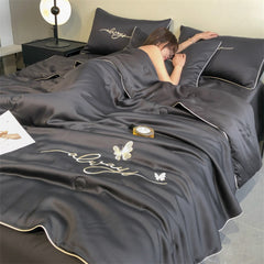 3PCS Luxury Embroidered Summer Bedding Set, Air-Conditioning Thin Quilt Set, Washed Twill Lightweight & Soft Breathable for Hot Sleepers, Machine Washable, Comtemporary Style 100% Polyester (1 Duvet + 2 Pillowcases, Without Pillow Inserts)