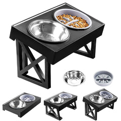Raised Dog Bowl Height-Adjustable, Elevated Dog bowls with Stainless Steel Bowl and PP bowl, for Small Medium & Large Dogs, Black, 45*26*27.5cm