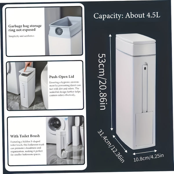 Slim Trash Can with Brush | Large Capacity Narrow Space Garbage Bin, Bathroom Waste Basket with Lid, Creative Home Cleaning Supplies, Plastic, Odor Sealing, No Electricity Needed