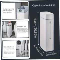 Slim Trash Can with Brush | Large Capacity Narrow Space Garbage Bin, Bathroom Waste Basket with Lid, Creative Home Cleaning Supplies, Plastic, Odor Sealing, No Electricity Needed