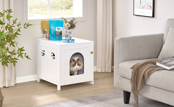 Cat Litter Box Enclosure, 54.86cm L Hidden Litter Box Furniture, Wooden Indoor Pet House With Front Arched Door, Side End Table, Nightstand For Living Room, Bedroom, White